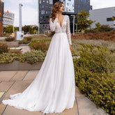 Simple Chiffon Boho Wedding Dresses Deep Sexy V Neck Long Sleeves Flowy Bohemian Bridal Wedding Gowns Backless A Line Robe Maria