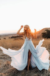 Himmelblaues fließendes Ballkleid, Abendkleid, Partykleid SYP38