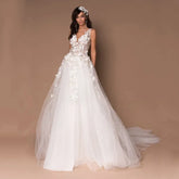 Funkelnde Brautkleider mit V-Ausschnitt 2023 Boho 3D-Applikationen Tüll Brautkleider Vestidos De Novia Böhmische Prinzessin Brautkleider