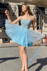 Sparkly Blue A-line Spaghetti Straps Homecoming Dress Short Prom Dresses