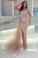 Split Front Column One Shoulder Tulle Long Sleeve Prom Dresses with Appliques