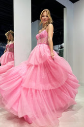 Vestido de fiesta largo con corsé bordado con lentejuelas y volantes escalonados