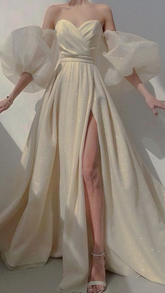 Sexy Puffy Sleeves Prom Dresses Glitter Ball Gown Party Dresses Tulle Sweep Train Prom Evening Dresses Y4684