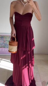 Burgundy Strapless Chiffon Pleated Tiered Long Evening Dress A Line Prom Dress Y8503