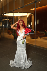 Vestido de noche estilo sirena con lentejuelas plateadas para chicas negras Y4168