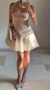 Vestido corto de fiesta con cuello halter, encaje y tul, Y8502