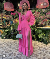 Vestido de noche modesto de corte A, escote en V, mangas largas y abertura Y7178