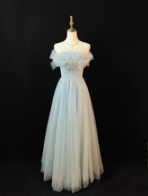 Elegant Blue Tulle Sequins Beaded ALine Prom Dress Evening Dress Y8646