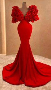 Women Red Long Evening Dress Mermaid Formal Dress Ruffles Cloud Shoulder Y4932