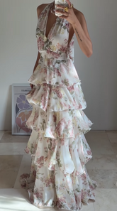 Glamorous Chiffon Print Floral A Line Backless Prom Dress V Neck Halter Layered Evening Dress Y8501