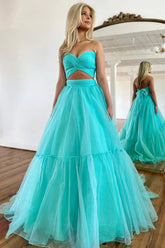 Unique Off Shoulder A-line Mint Green Tulle Prom Long Formal Dress PSK452