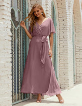 Numbersea V-Neck Bridesmaid Dress Long Formal Dresses with Belt for 28022