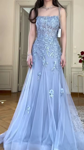 Classy Blue Tulle Appliques Mermaid Evening Dress Long Prom Dress Y8156