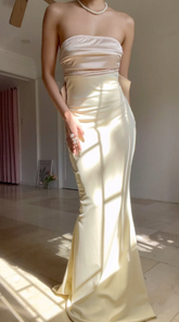 Vestido de noche largo tipo sirena, elegante, sin tirantes y con lazo Y8499