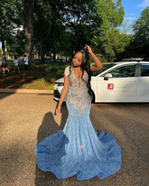 Vestido de fiesta azul sexy y brillante, vestido de noche azul Y6557