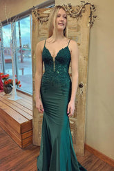 Vestido de fiesta largo de sirena de satén con escote en V y apliques en verde oscuro PSK607