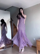 Sexy Mermaid Spaghetti Straps Purple Chiffon Beaded Evening Dress Prom Dress Y7812