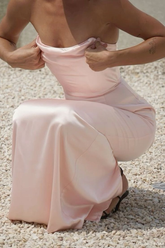 Pink Strapless Satin Long Prom Dress Evening Gown Y7790