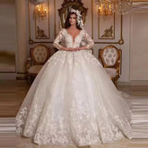 Lace Wedding Dresses Princess Ball Gown Beading Bridal Gowns Shinny Tulle Long Sleeves Ivory Dubai Marriage Dress