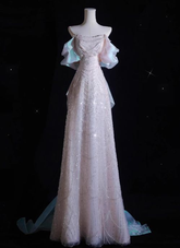 Pink A-Line Off-Shoulder Tulle Sequins Beaded Long Prom Dress Formal Evening Dress Y8050