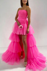 June |A-line High Low Strapless Tulle Prom Dress with Ruffles