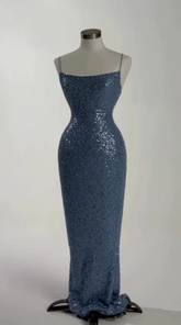 Gorgeous Blue Sequins Beaded Sheath Long Prom Dress Formal Evening Dress Y8512