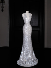 Sexy V Neck Silver Sequins Backless Mermaid Prom Dress Evening Dress Y8680