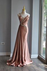 Rose Pink Crystal Beaded Evening Dress One Shoulder Satin Mermaid Long Prom Dress Y8519