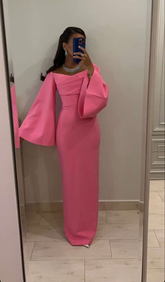 Pink Sheath/Column Evening Gown Long Sleeves Pink Prom Dress Y6039