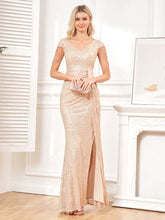 Women Elegant V-Neck Sequins Evening Dress Luxury Slit Beading Formal Maxi Long Prom Cocktail Wedding Party Dress Gowns