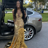 Luxurious Satin Beaded Feathers Evening Gown Long Slit Prom Dress Y7948