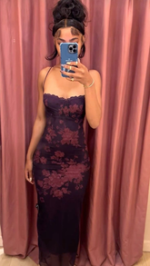 Purple Spaghetti Straps Lace Chiffon Print Floral Sheath Prom Dress Evening Dress Y8245