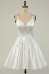 White Satin A-line Graduation Dress White Short Homecoming Dress Y1849