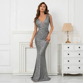 Women Beading Dress Long Prom Dress Deep V Neck Grey Sequin Evening Dress Sexy Party Maxi Dress 19320