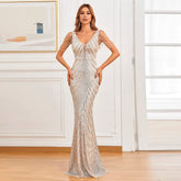 Women Beading Dress Long Prom Dress Deep V Neck Silver Sequin Evening Dress Sexy Party Maxi Dress 18691