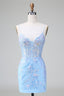Sparkly Blue Spaghetti Straps Corset Short Homecoming Dress with Sequins