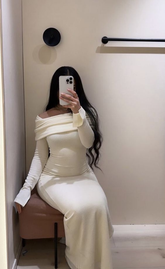 Schickes Off-Shoulder-Langarm-Etuikleid in Weiß mit langen Abendkleidern Y5457