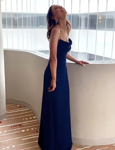 Marineblaues Spaghettiträger-Etuikleid in voller Länge, blaues Ballkleid, Abendkleid Y74