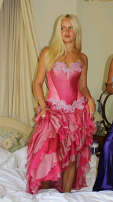 Vintage Hot Pink Lace Chiffon Ruffles Evening Dress Strapless Prom Dress Y8252