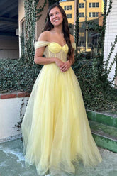 Vestido de fiesta amarillo con bustier y hombros descubiertos, corte A, de tul, vestido formal PSK376