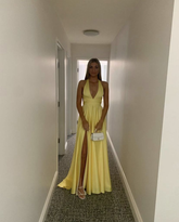 Modest Yellow Satin Long Evening Dresses with Side Slit Formal Party Dress Y5217
