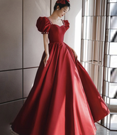 Burgundy satin long prom dress A line evening dress Y1169