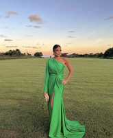 Vestido de noche verde de una manga con abertura, vestido de gala Y5584