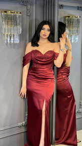 Off Shoulder Burgundy High Slit Long Evening Dress Custom Mermaid Prom Dress Y6006
