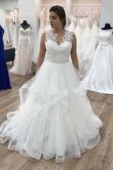 A-line Appliques Ruffles Organza Floor Length Wedding Dress WD358