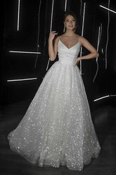 A Line Backless Beach Wedding Dress V Neck Sequins Ivory Wedding Gowns WD294