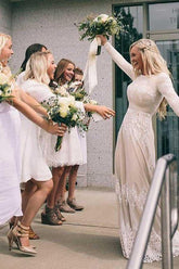 A-Line Bateau Long Sleeves Ivory Tulle Wedding Dress with Appliques WD399