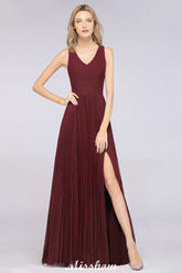 A-Line Chiffon V-Neck Sleeveless Bridesmaid Dress Floor-Length Ruffles Side Split Evening Gown