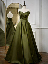 Sunnderly A-Line Evening Gown Open Back Dress Formal Wedding Guest Floor Length Sleeveless Strapless Satin with Pleats Strappy