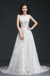 A-line Jewel Court Train Lace Simple Wedding Dresses with Buttons